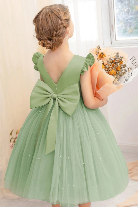 Green Satin Mesh Pearl Bow Dress