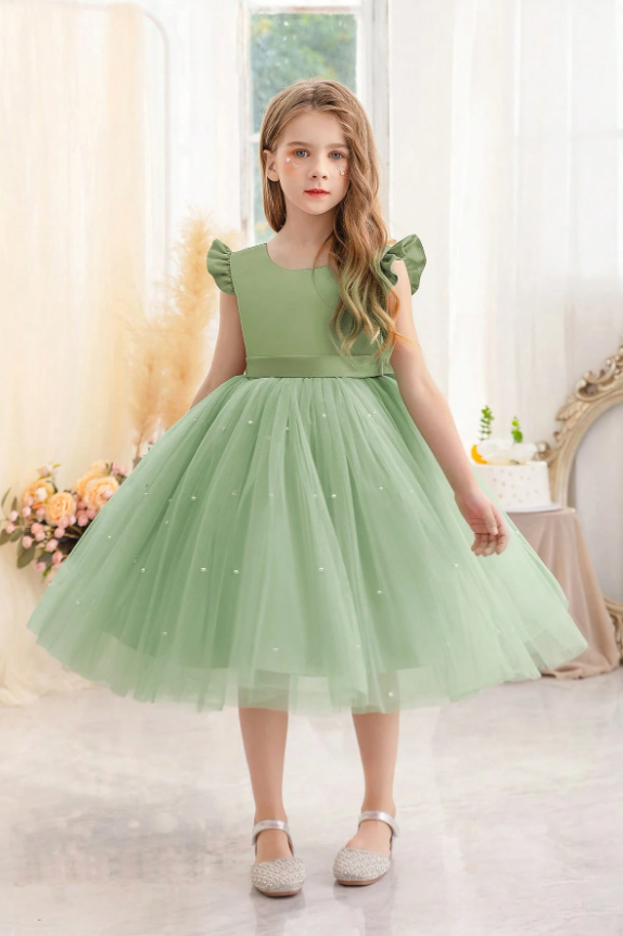 Green Satin Mesh Pearl Bow Dress