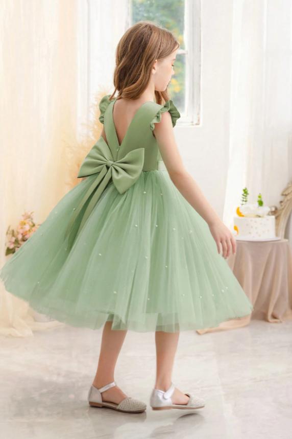 Green Satin Mesh Pearl Bow Dress