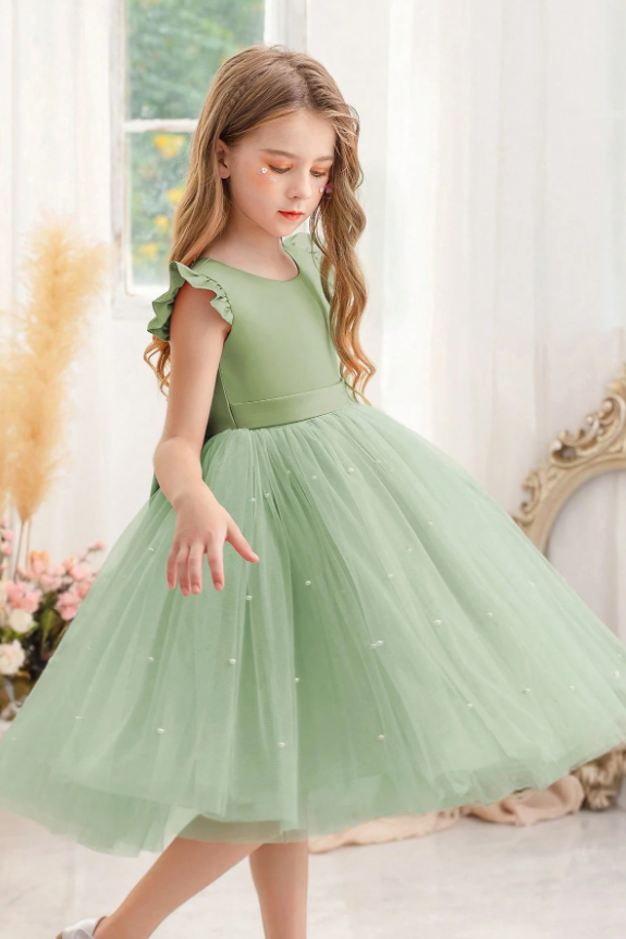 Green Satin Mesh Pearl Bow Dress