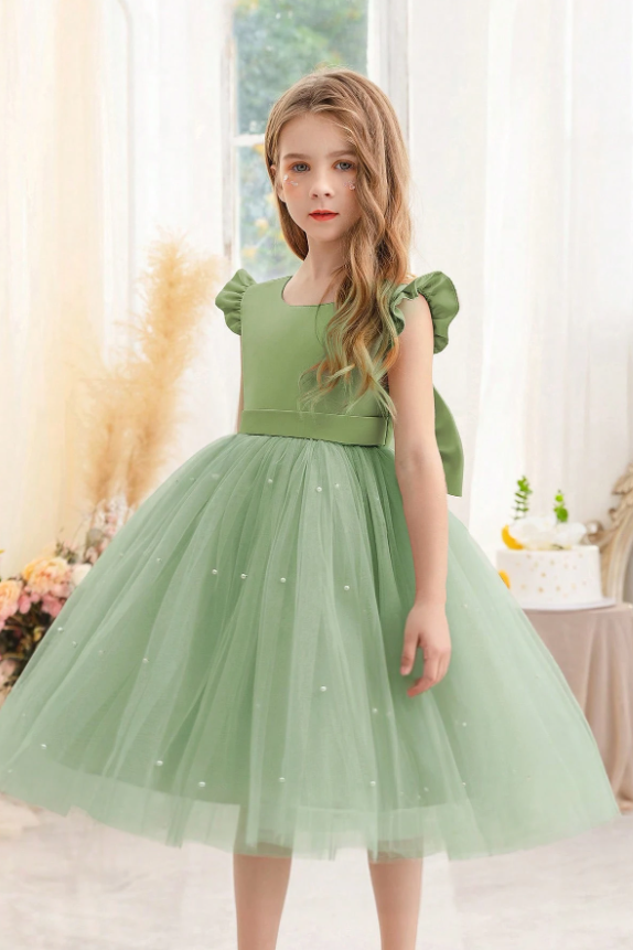 Green Satin Mesh Pearl Bow Dress