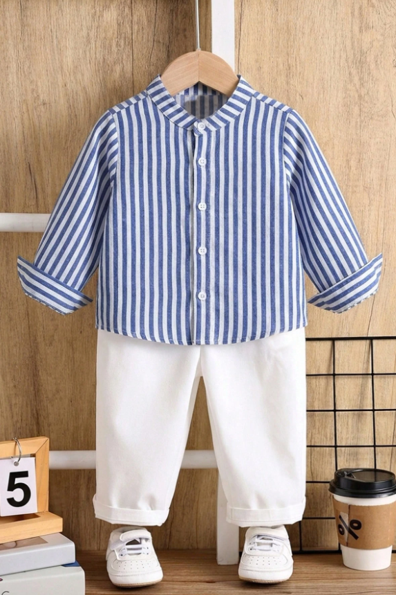 Blue And White Striped Cotton And Linen Long-Sleeved Shirt