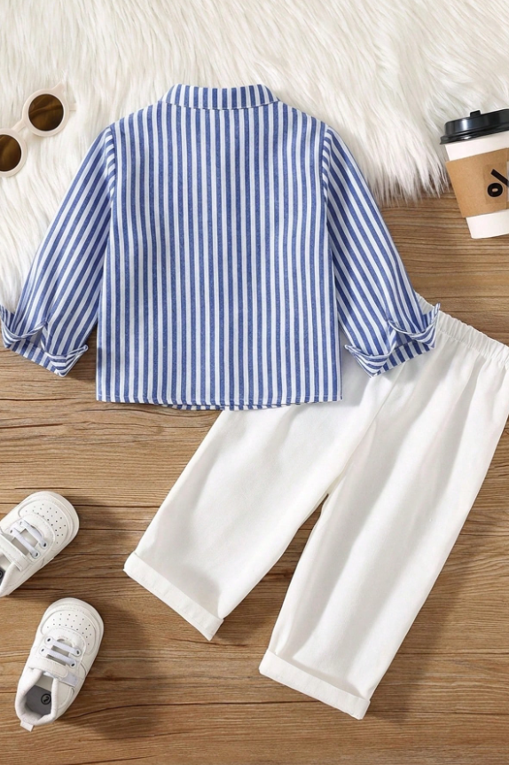 Blue And White Striped Cotton And Linen Long-Sleeved Shirt