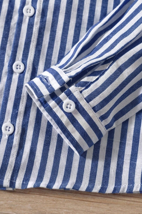 Blue And White Striped Cotton And Linen Long-Sleeved Shirt