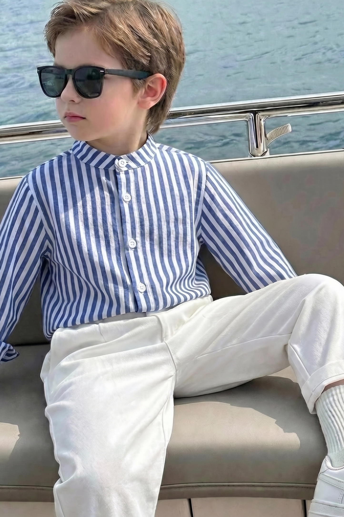 Blue And White Striped Cotton And Linen Long-Sleeved Shirt