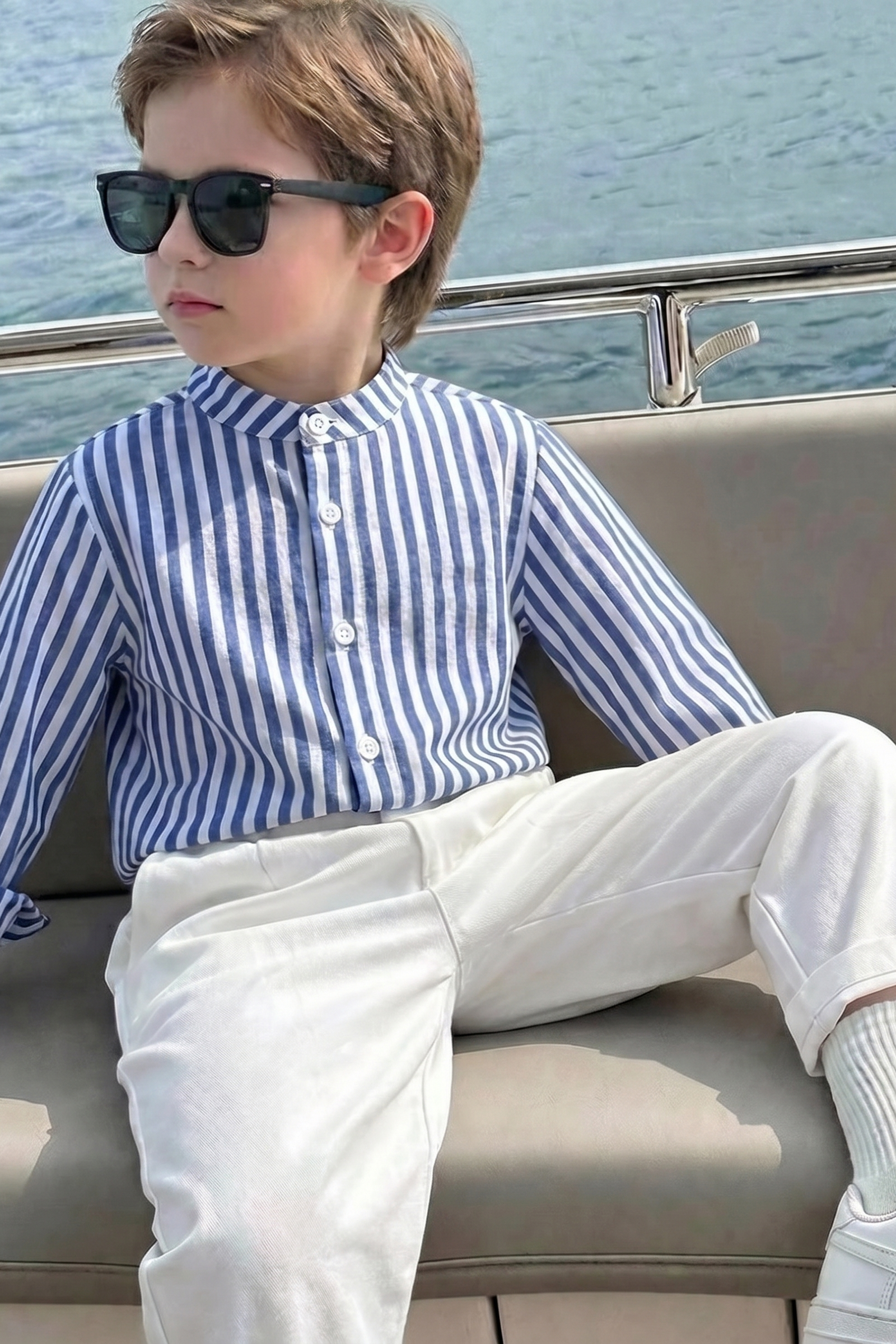 Blue And White Striped Cotton And Linen Long-Sleeved Shirt