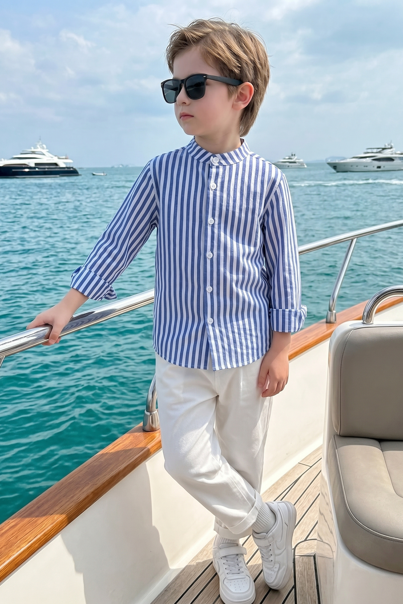 Blue And White Striped Cotton And Linen Long-Sleeved Shirt