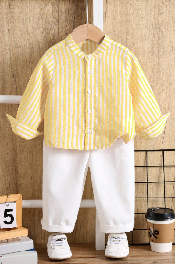 Yellow And White Striped Cotton Linen Long-Sleeved Shirt