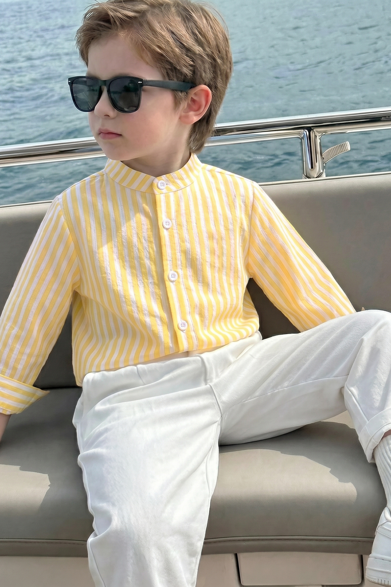 Yellow And White Striped Cotton Linen Long-Sleeved Shirt