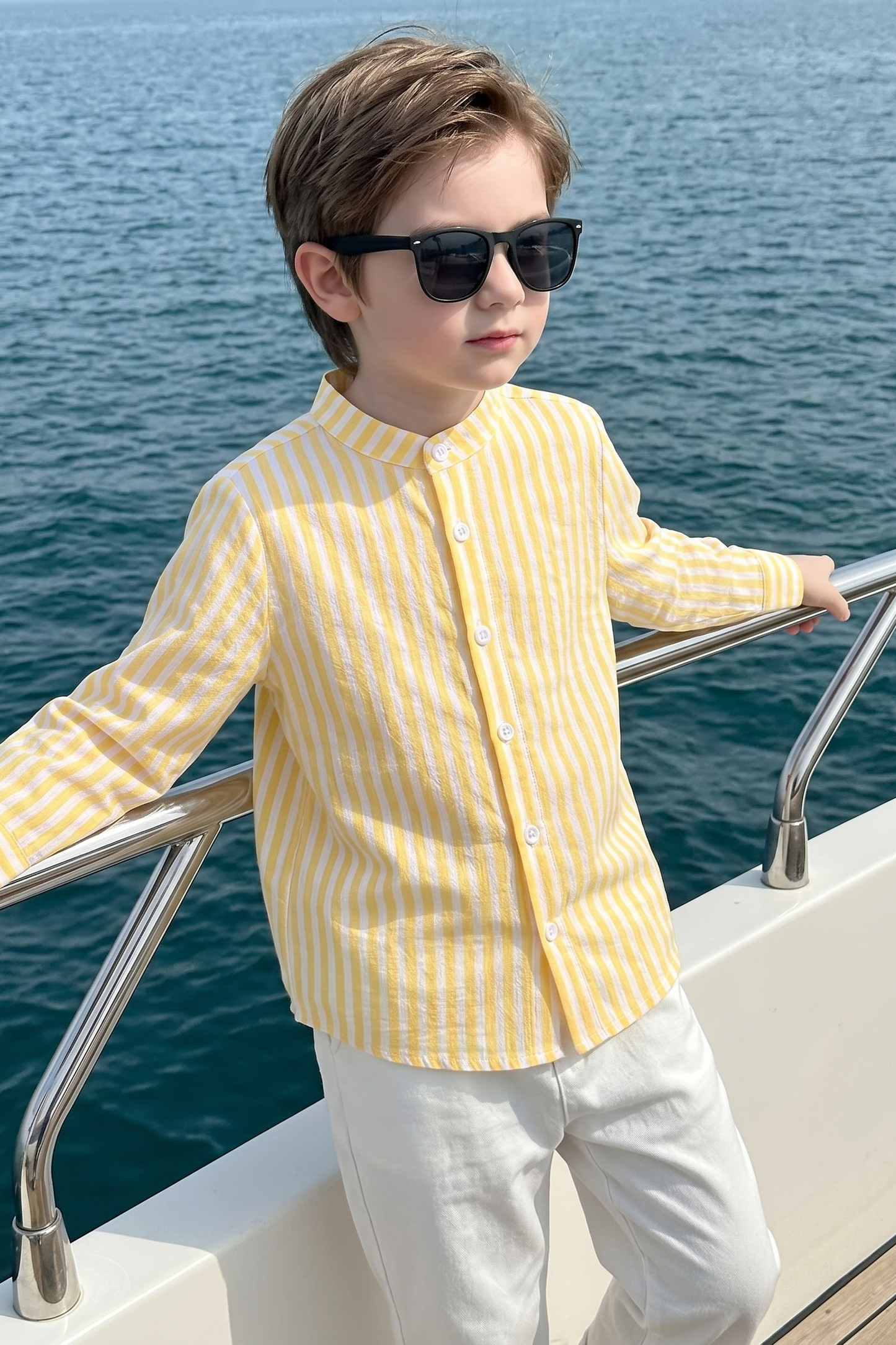 Yellow And White Striped Cotton Linen Long-Sleeved Shirt