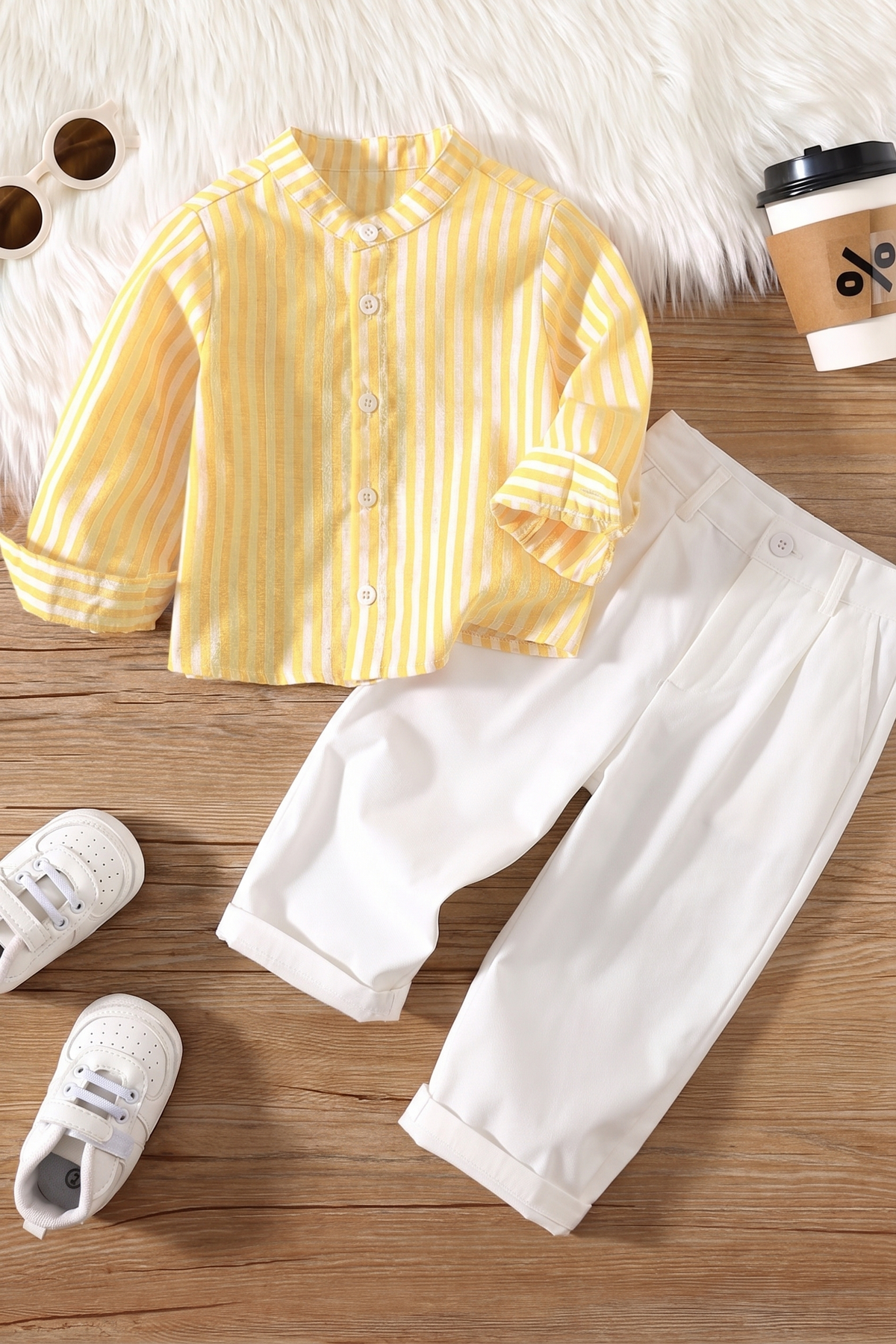 Yellow And White Striped Cotton Linen Long-Sleeved Shirt