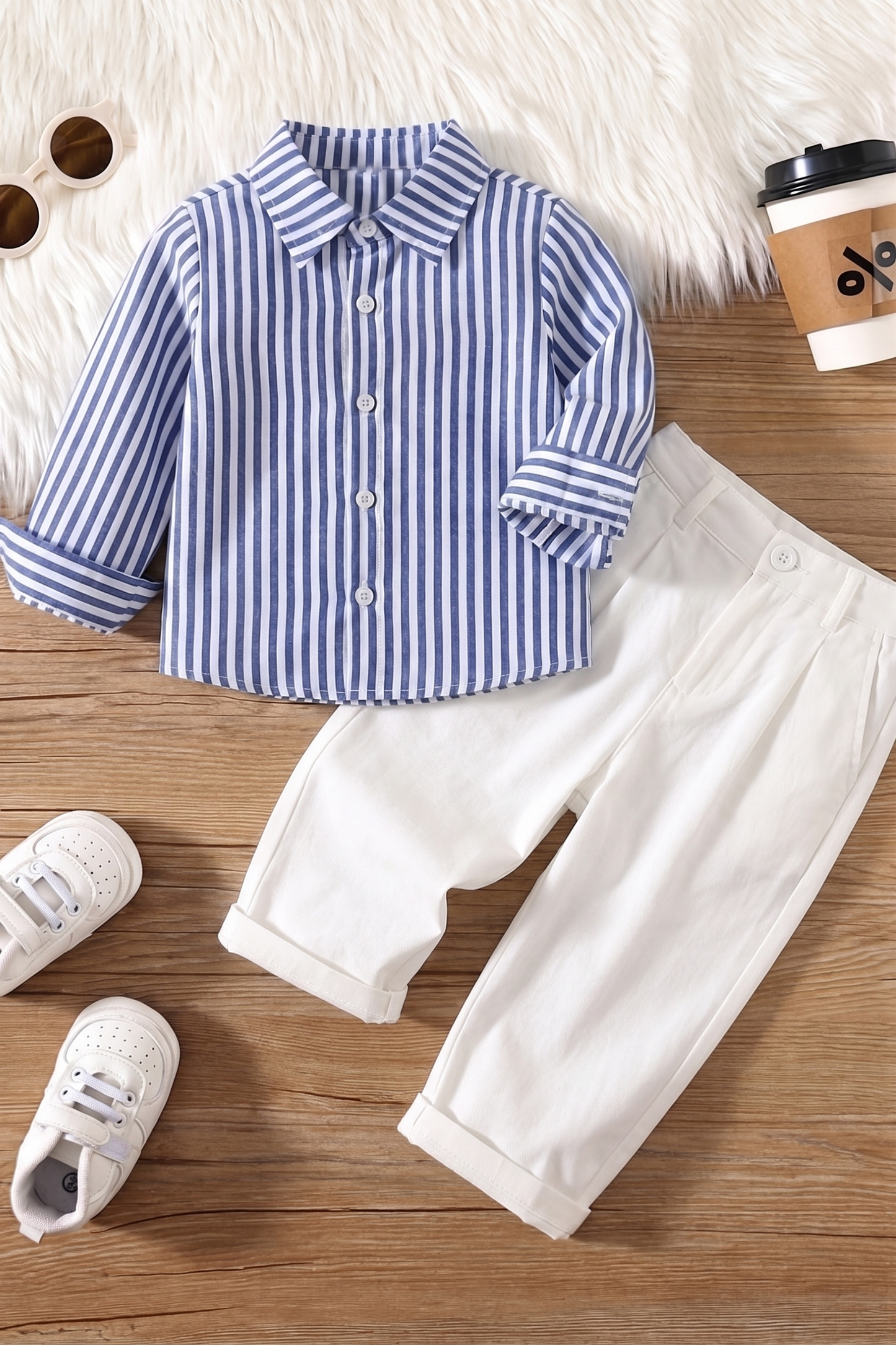 Blue And White Striped Cotton And Linen Long-Sleeved Shirt
