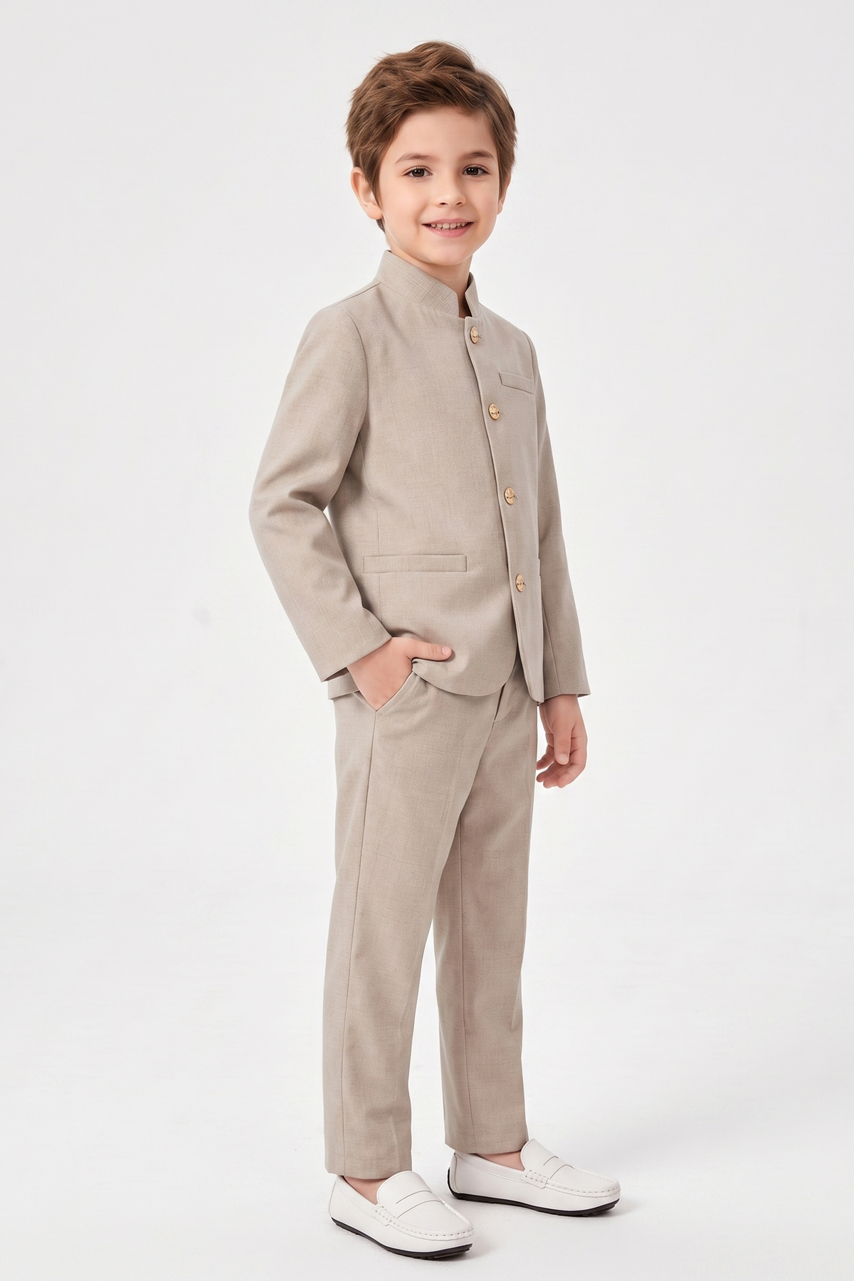 Oatmeal-Colored Cotton-Linen Single-Breasted 2-Piece Suit