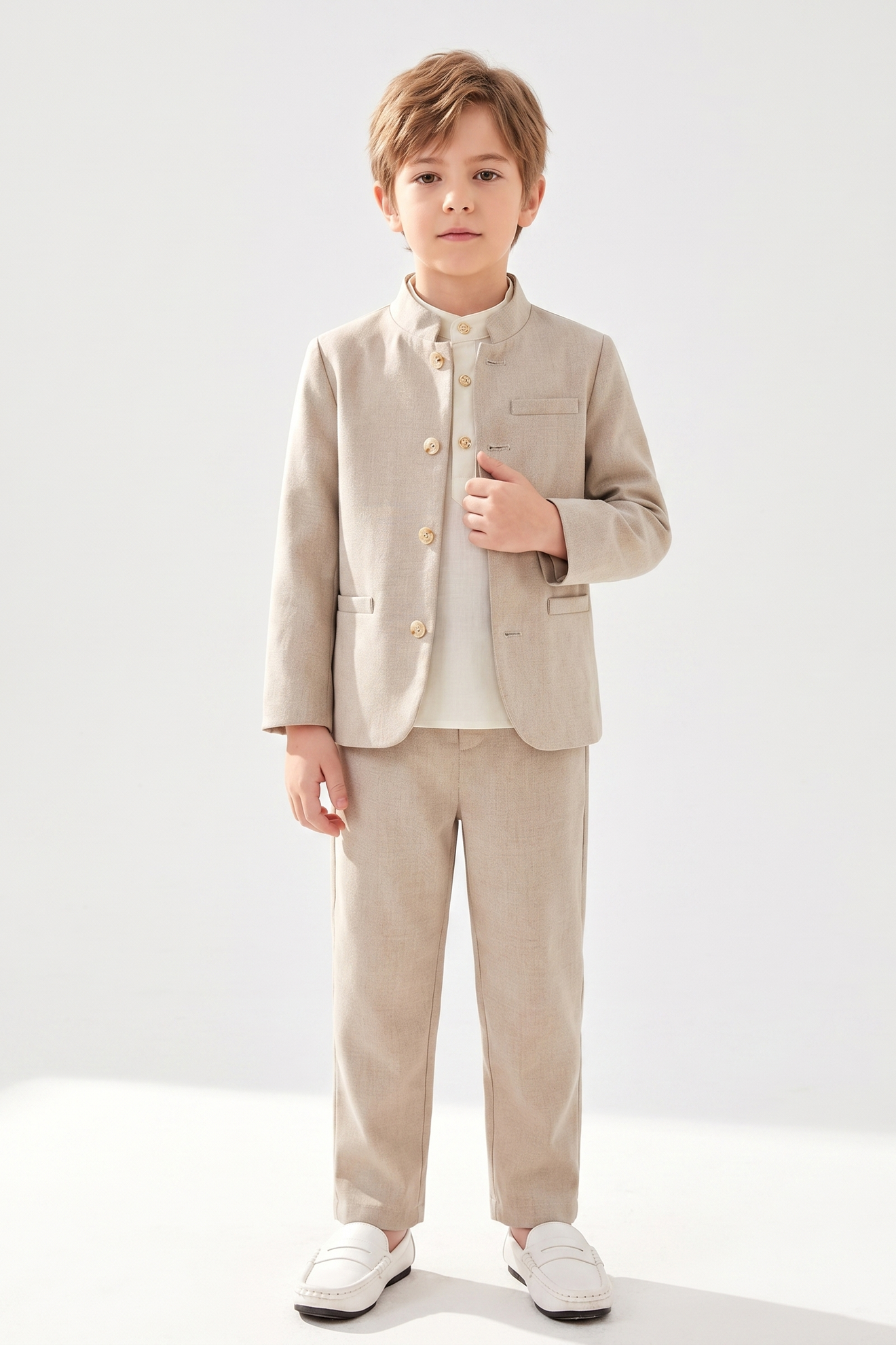 Oatmeal-Colored Cotton-Linen Single-Breasted 2-Piece Suit