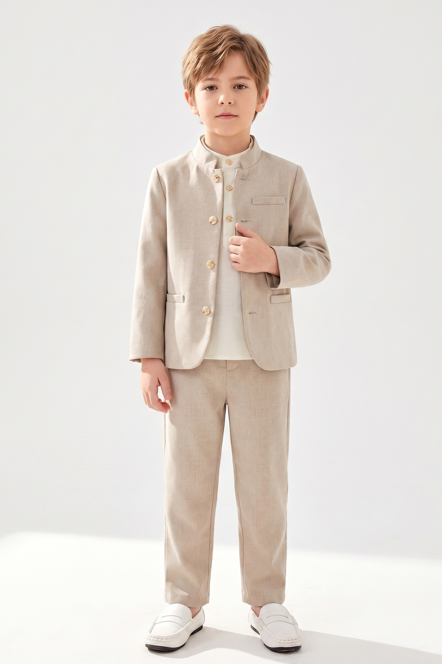 Oatmeal-Colored Cotton-Linen Single-Breasted 2-Piece Suit