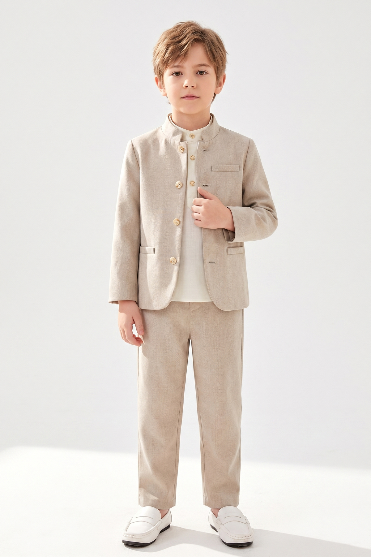Oatmeal-Colored Cotton-Linen Single-Breasted 2-Piece Suit