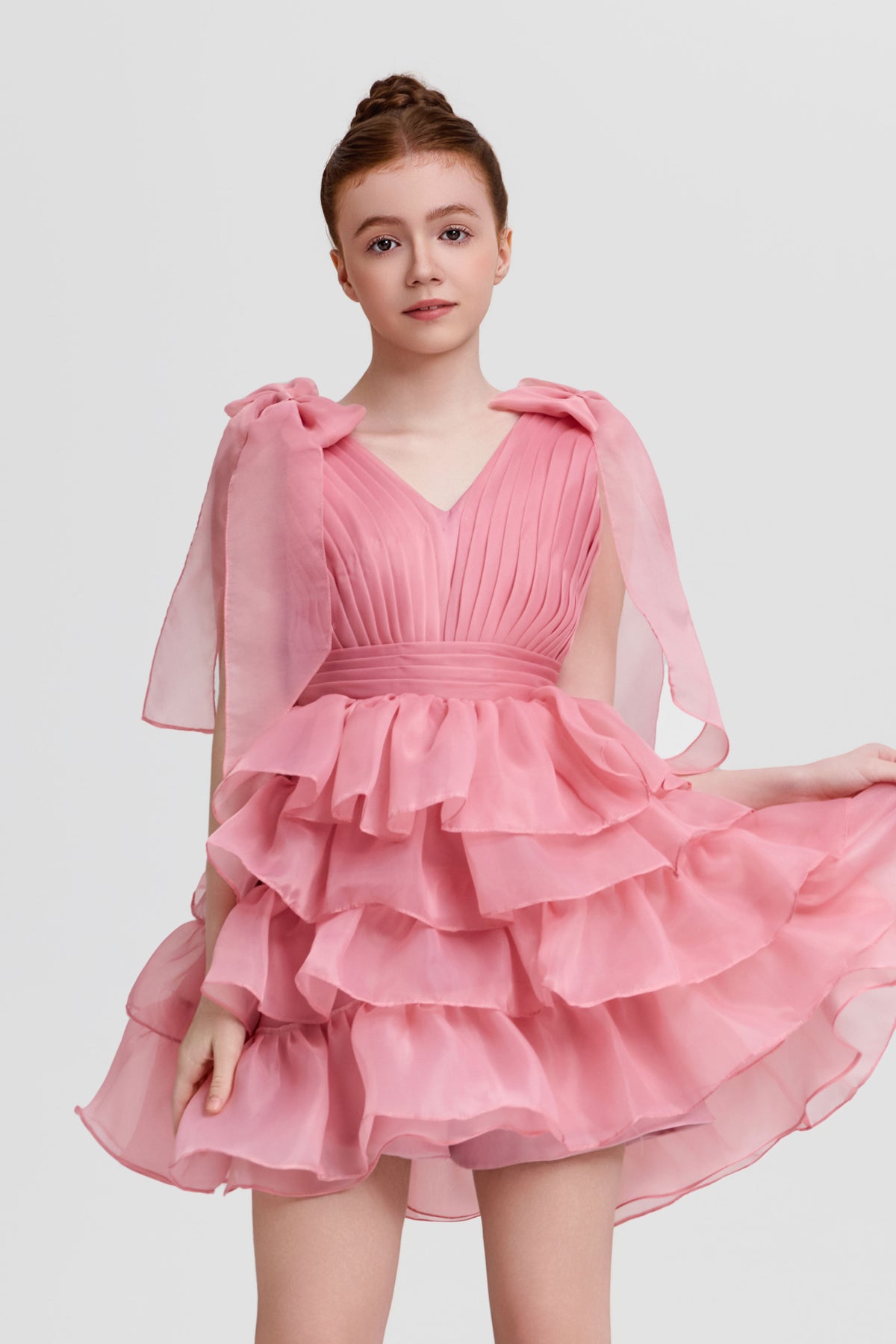 Pink Chiffon Bow Tiered Cake Mini Dress