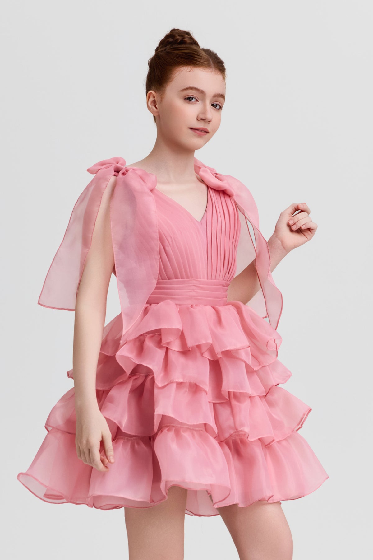 Pink Chiffon Bow Tiered Cake Mini Dress