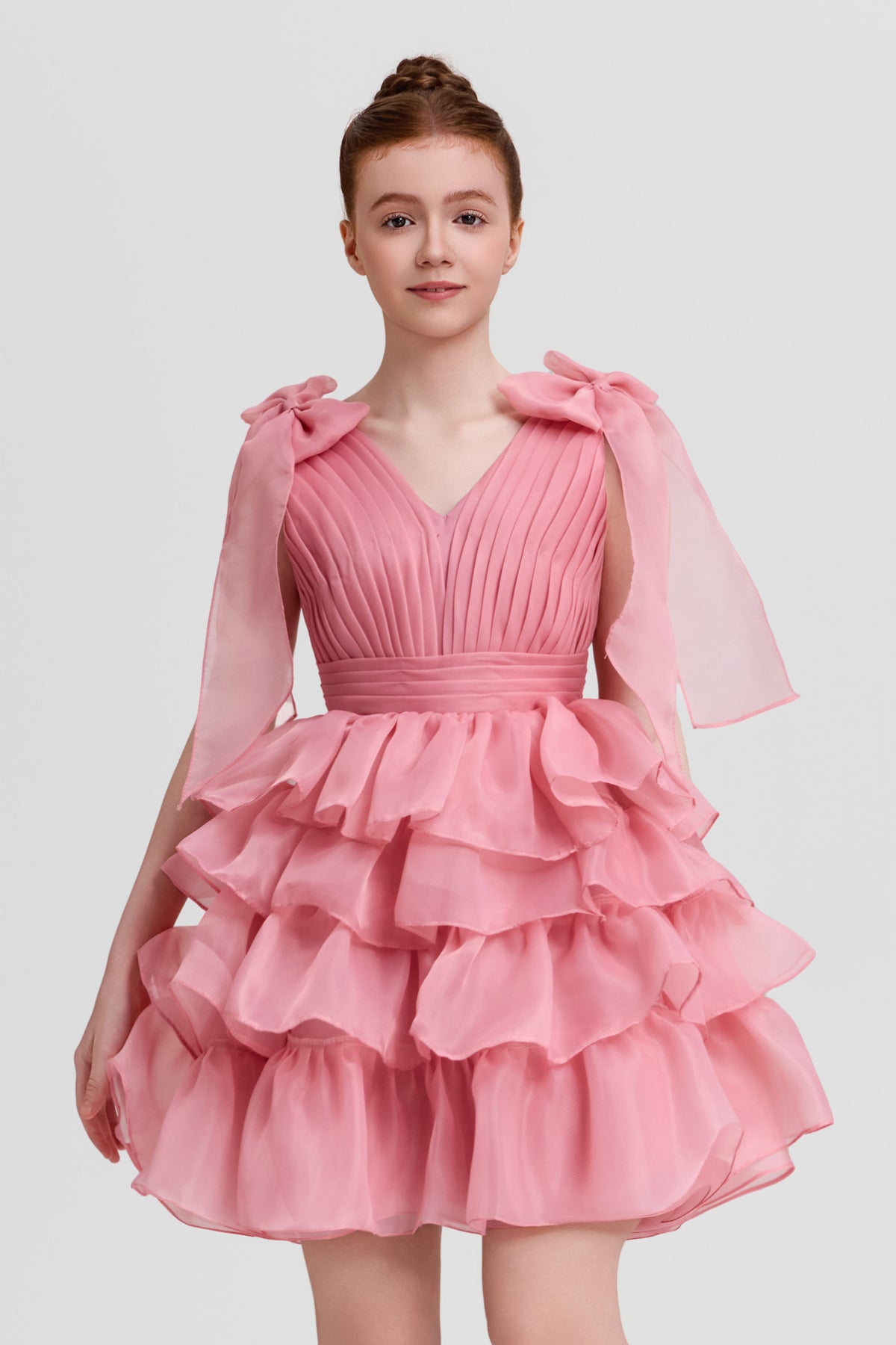 Pink Chiffon Bow Tiered Cake Mini Dress