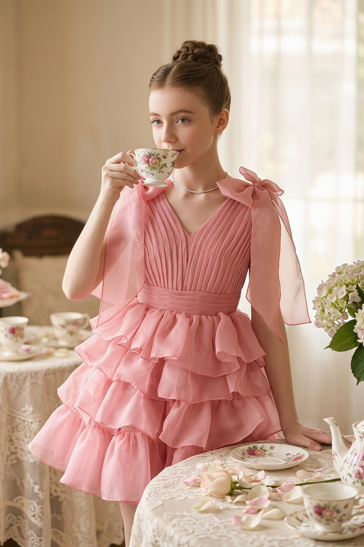 Pink Chiffon Bow Tiered Cake Mini Dress