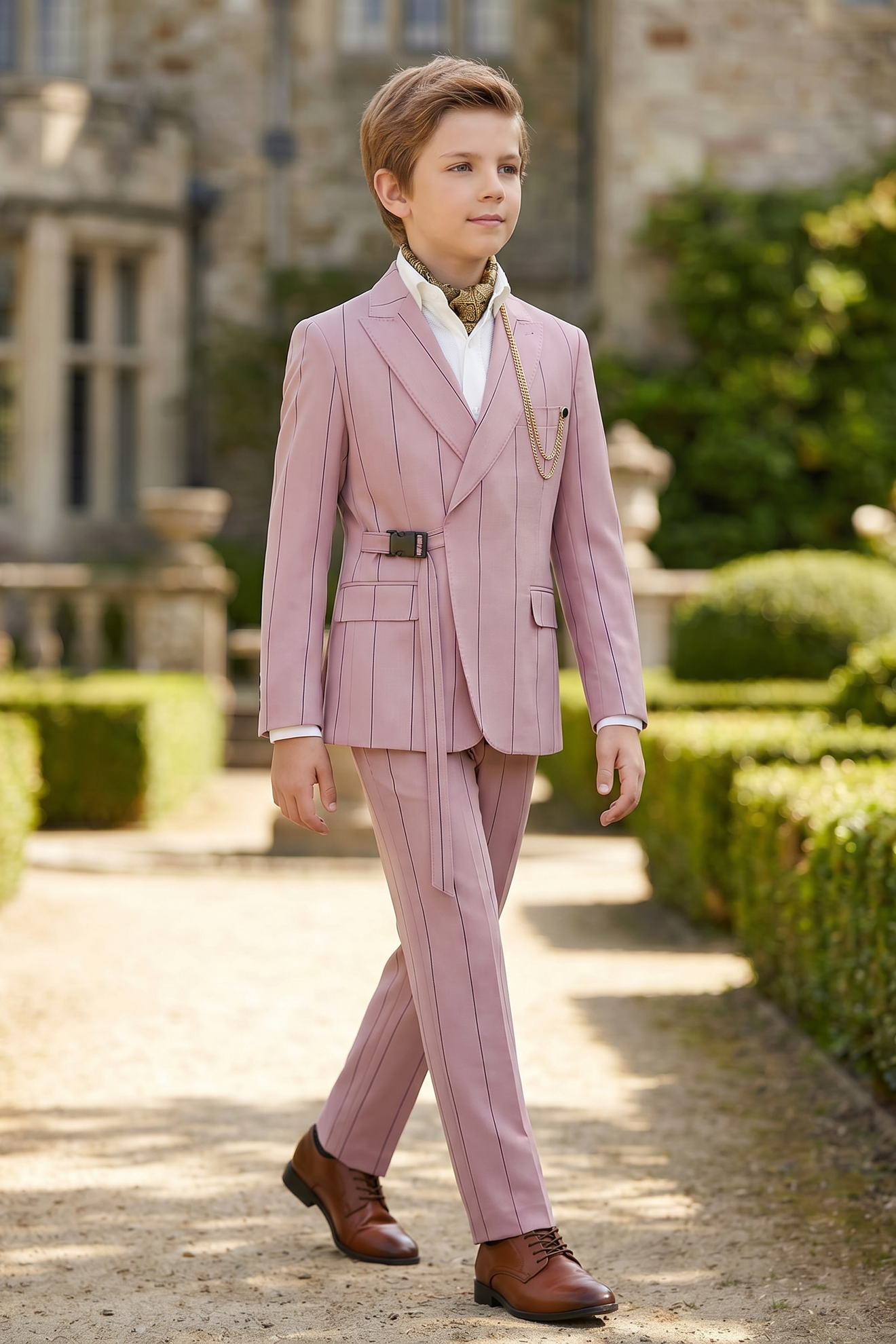 Pink Striped Adjustable Belted 2-Piece Suit