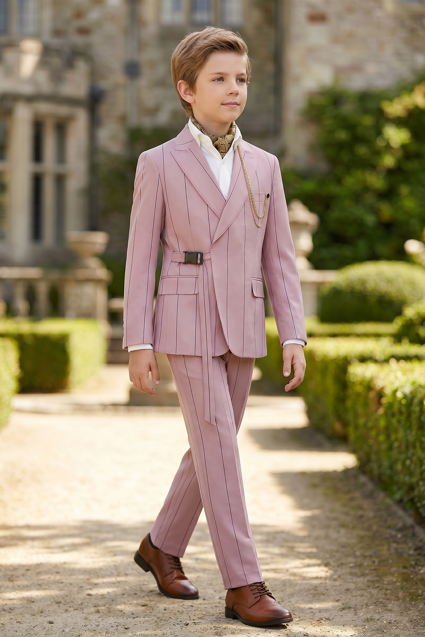 Pink Striped Adjustable Belted 2-Piece Suit
