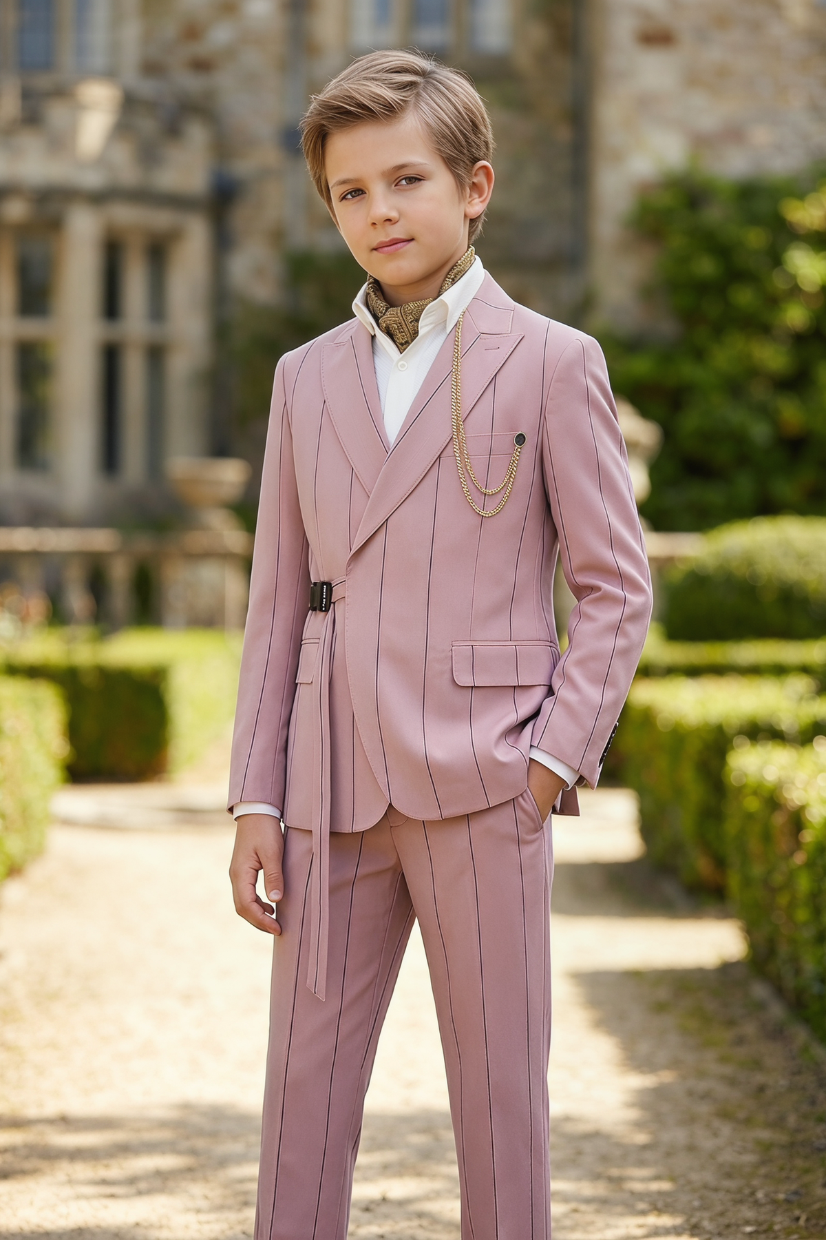 Pink Striped Adjustable Belted 2-Piece Suit