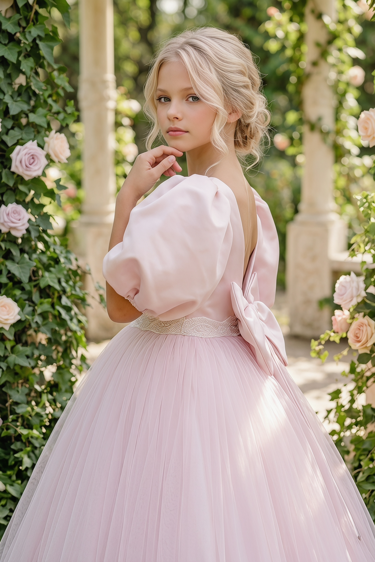 Pink Satin Mesh Large Bow Puff Sleeve Dress