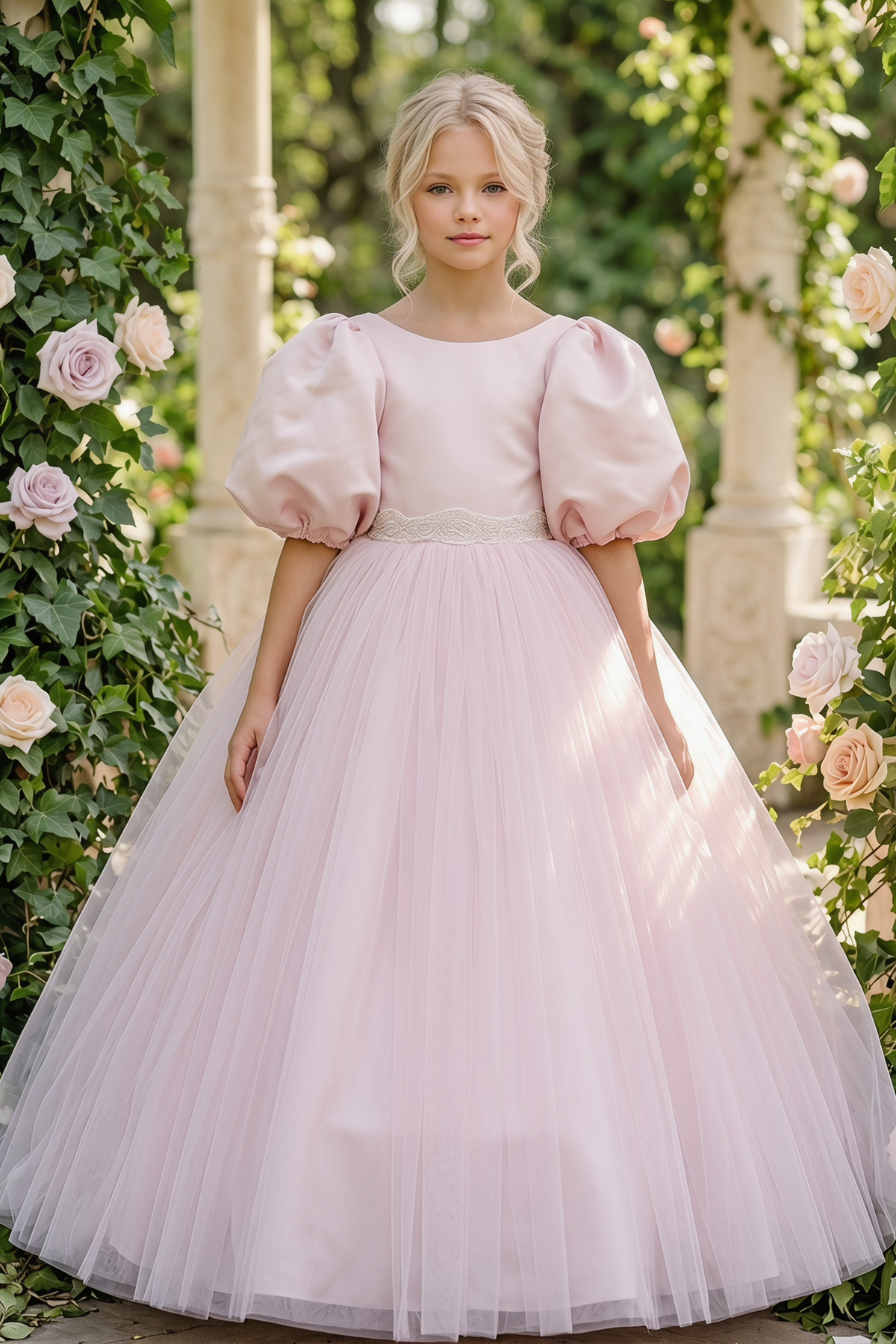 Pink Satin Mesh Large Bow Puff Sleeve Dress