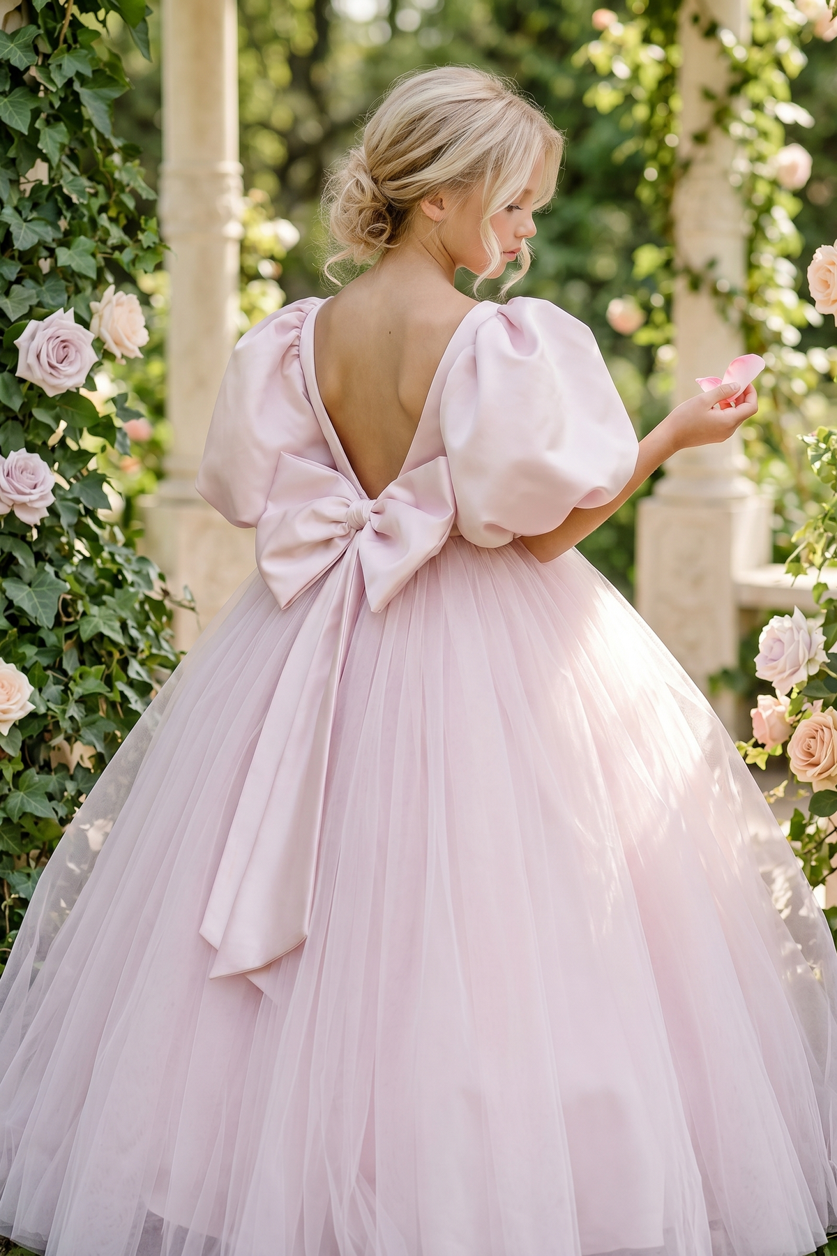 Pink Satin Mesh Large Bow Puff Sleeve Dress