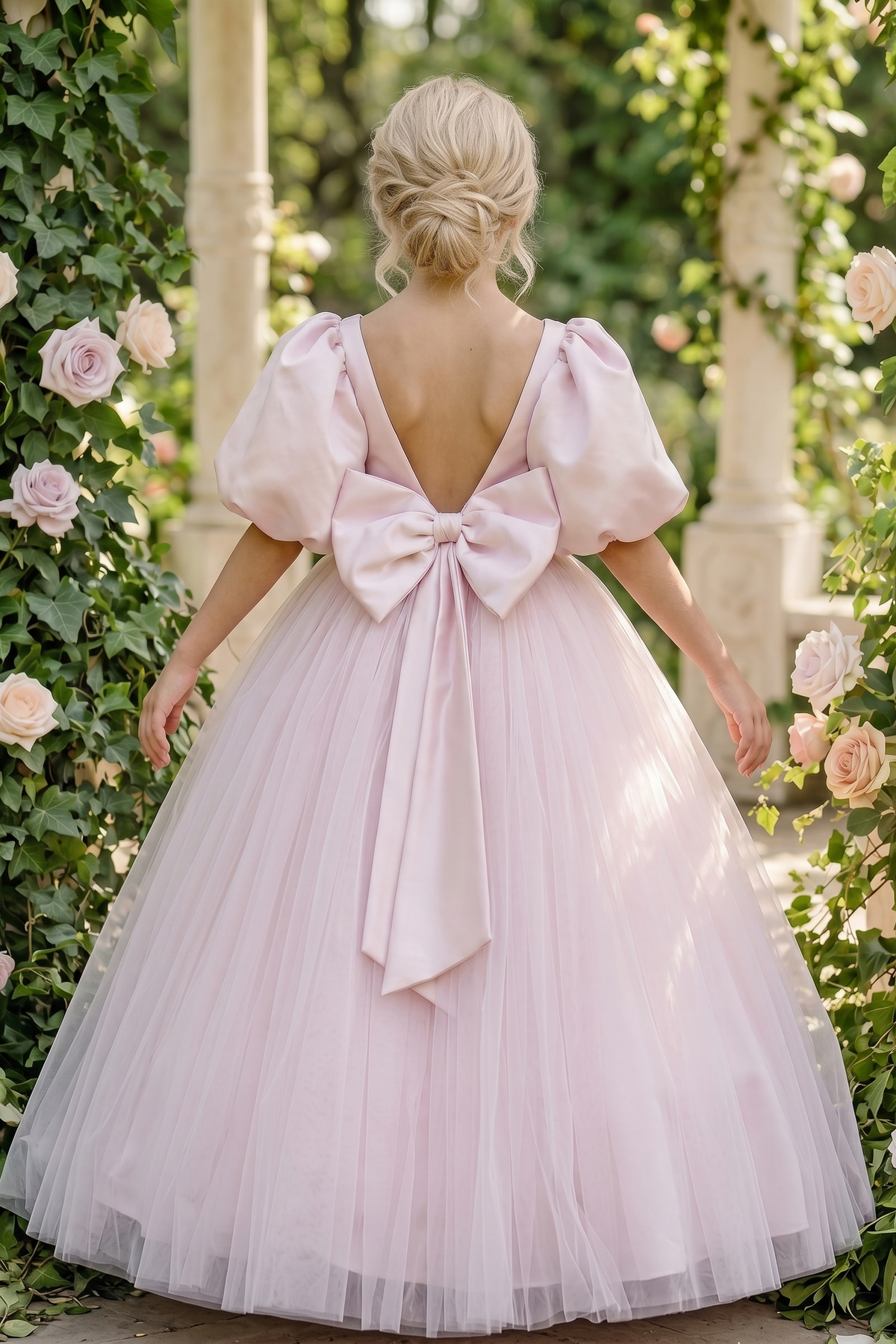 Pink Satin Mesh Large Bow Puff Sleeve Dress