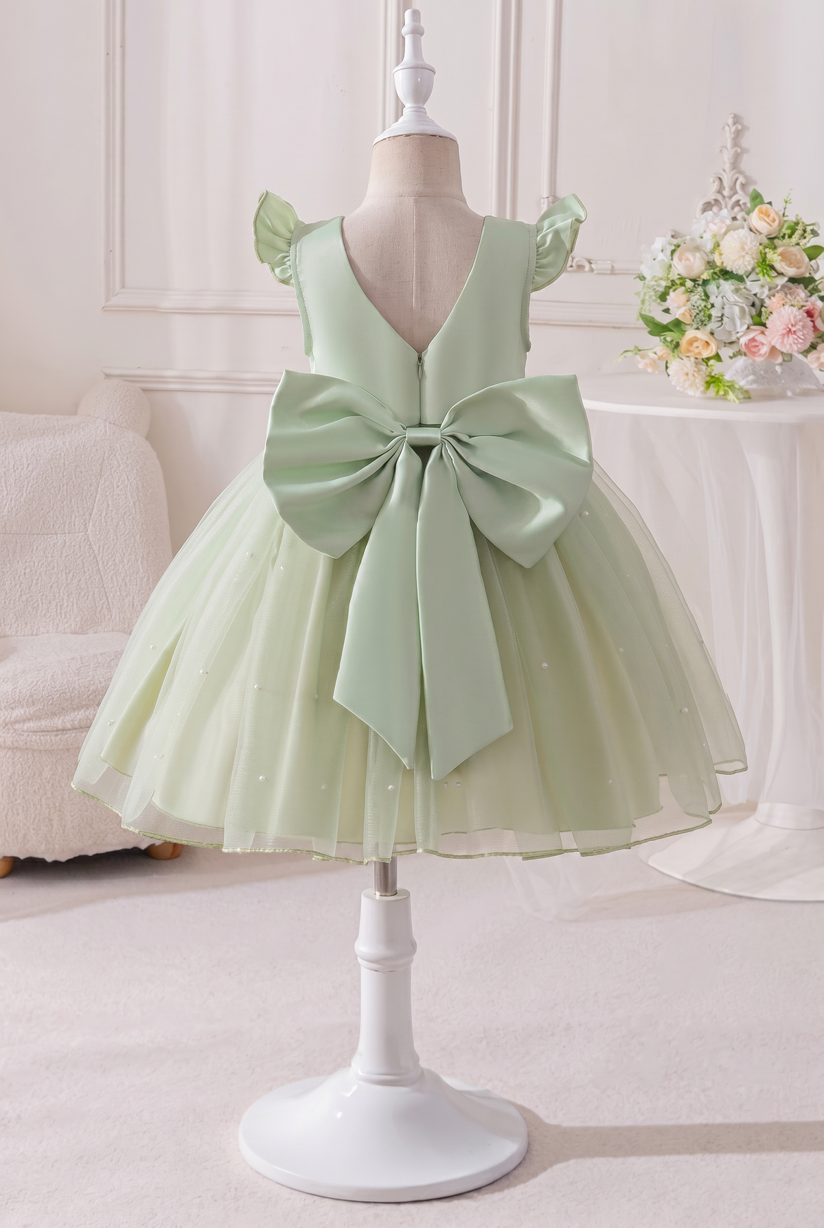 Light Green Pearl Satin Mesh Large Bow Dress
