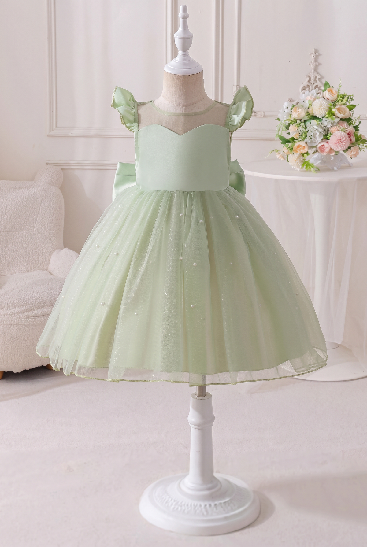 Light Green Pearl Satin Mesh Large Bow Dress