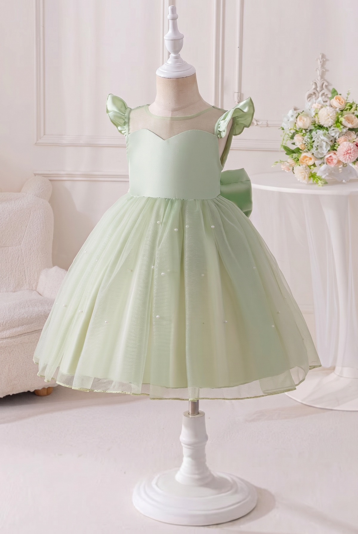 Light Green Pearl Satin Mesh Large Bow Dress