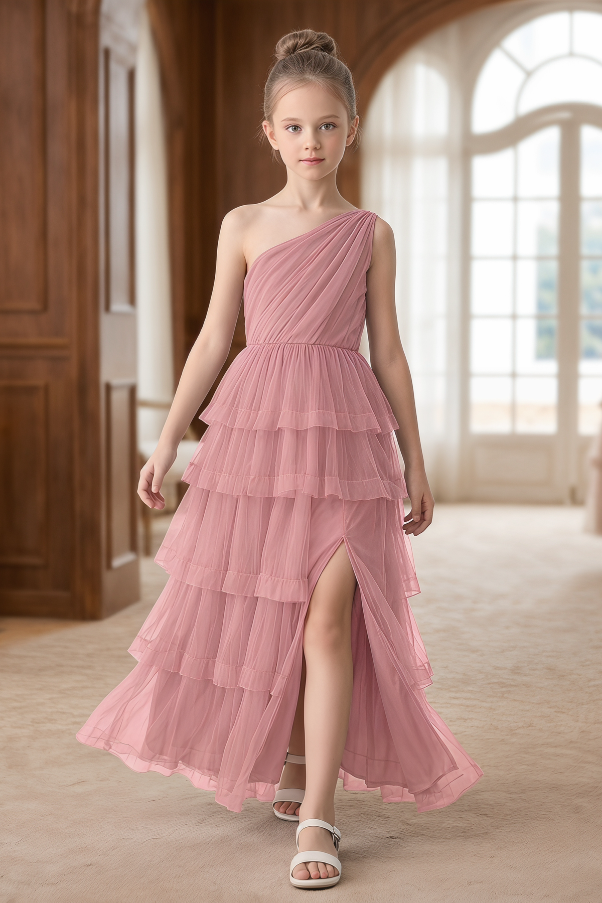 Pink Chiffon One-Shoulder Tiered Ruffle Dress
