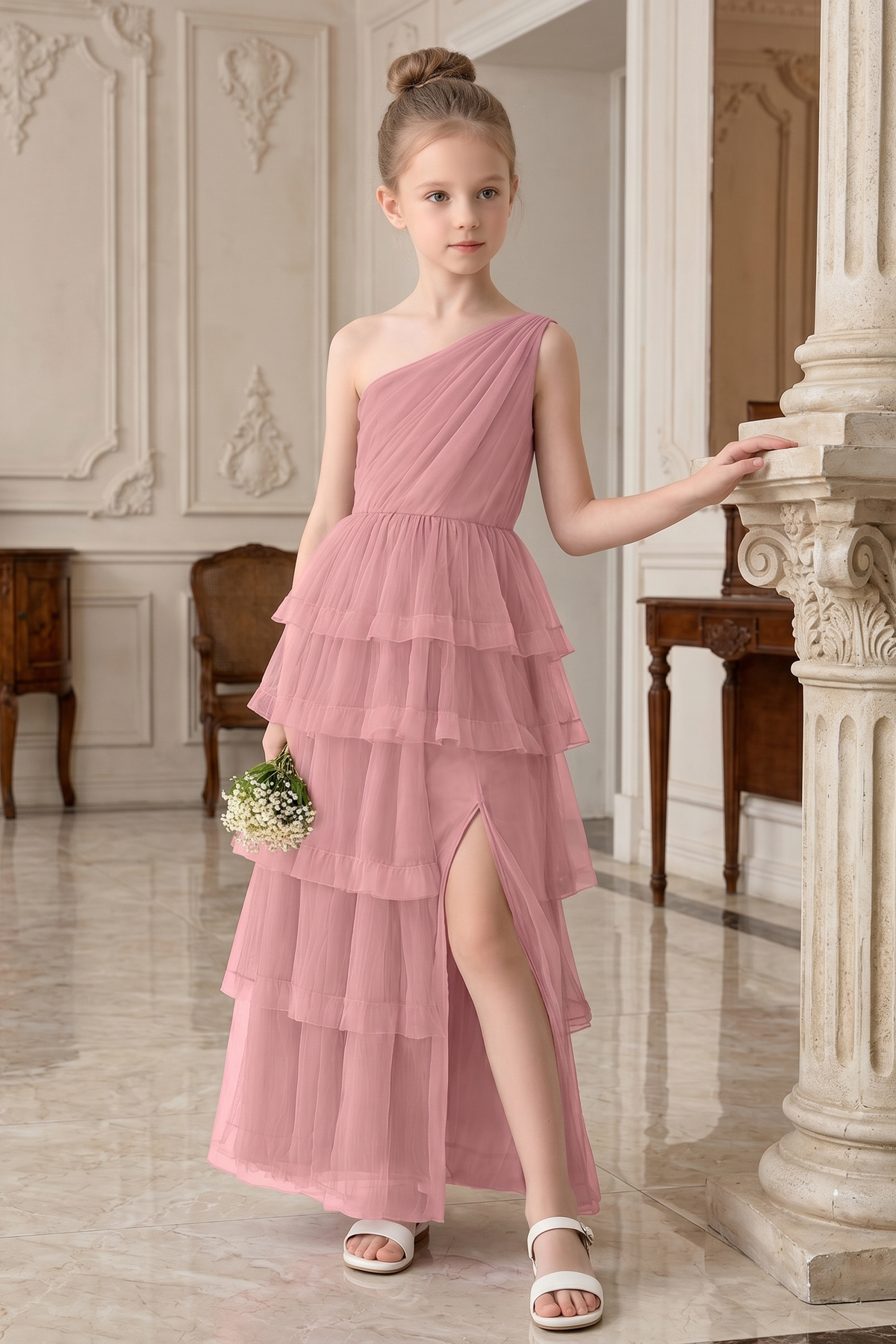Pink Chiffon One-Shoulder Tiered Ruffle Dress