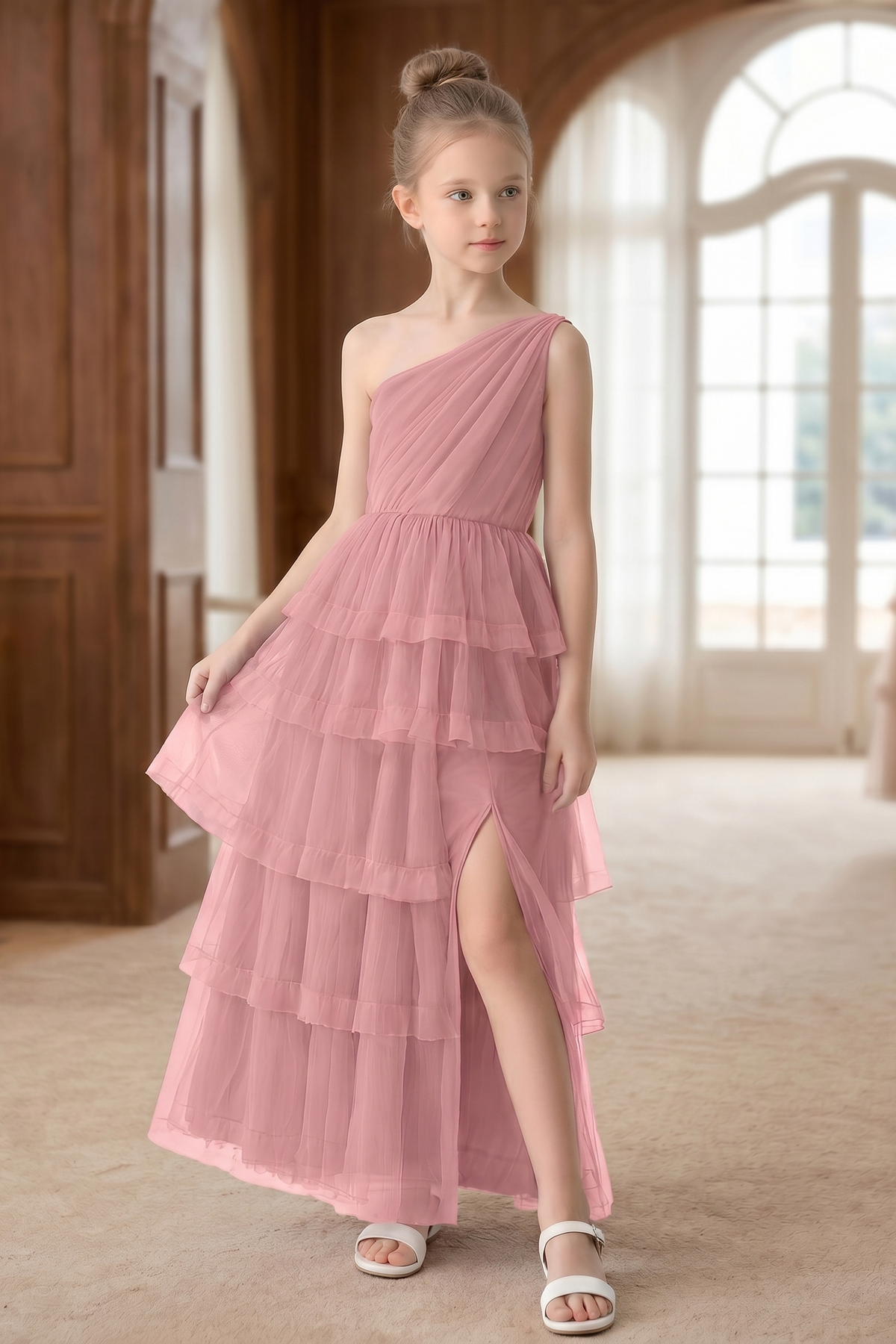 Pink Chiffon One-Shoulder Tiered Ruffle Dress