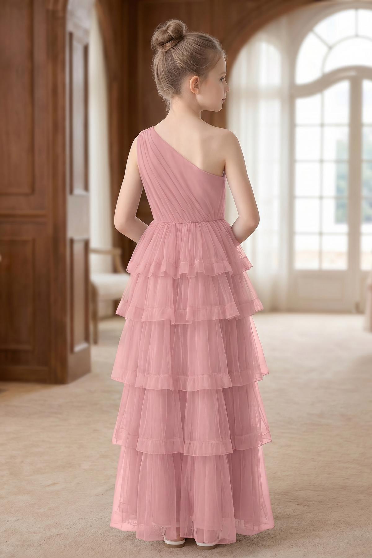 Pink Chiffon One-Shoulder Tiered Ruffle Dress