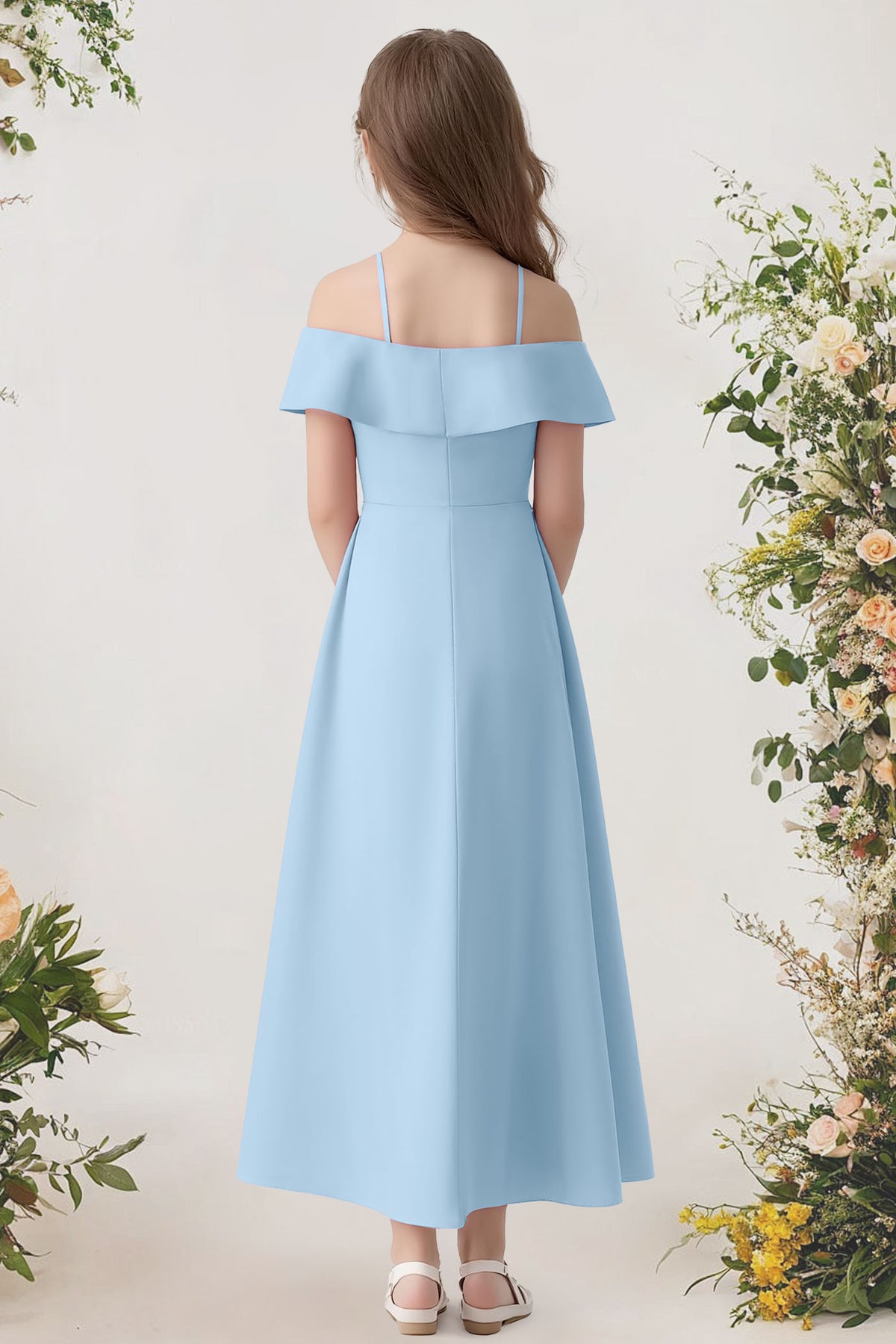 Sky-Blue Satin Off-the-Shoulder Slip Dress
