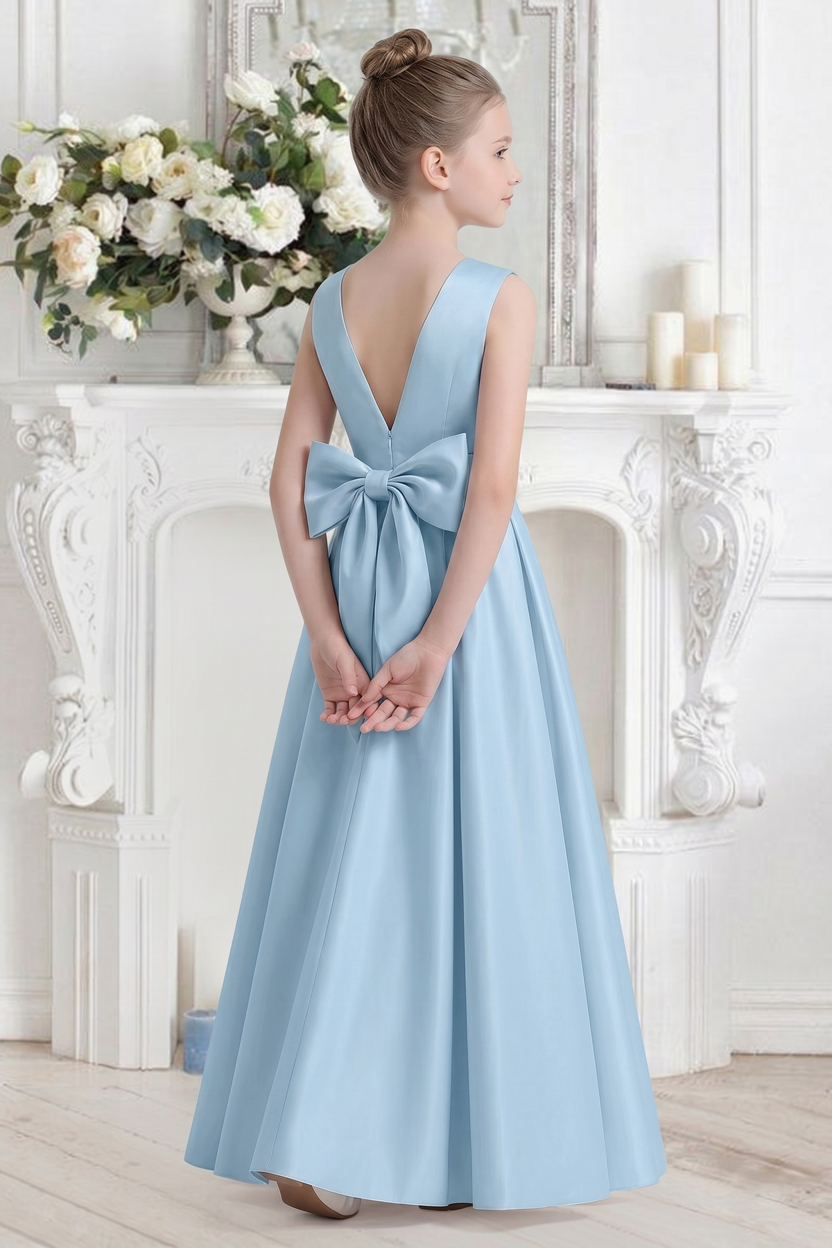 Light Blue Satin V-Neck Waist-Cinching Bow Dress