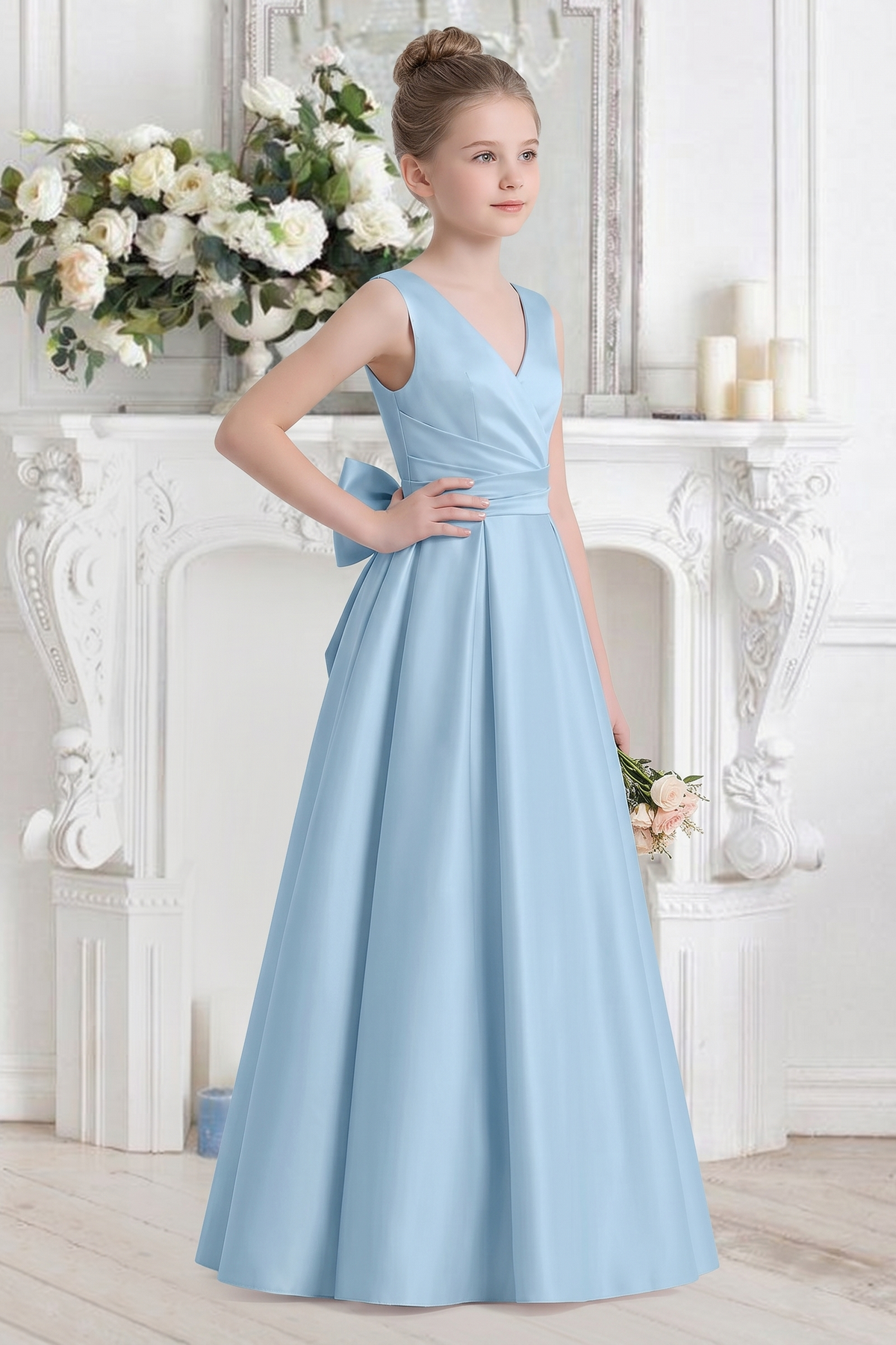 Light Blue Satin V-Neck Waist-Cinching Bow Dress
