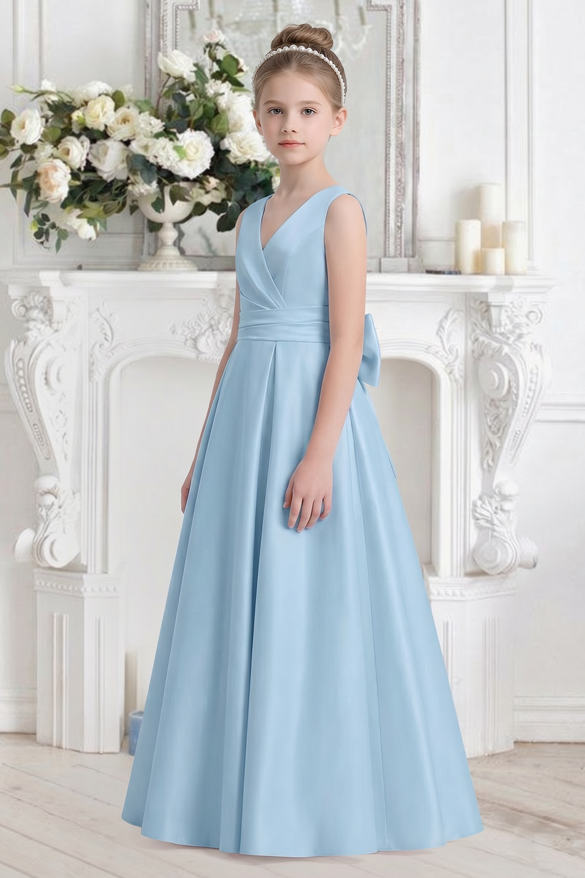Light Blue Satin V-Neck Waist-Cinching Bow Dress
