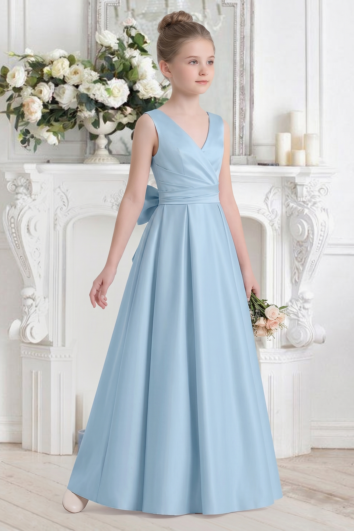 Light Blue Satin V-Neck Waist-Cinching Bow Dress