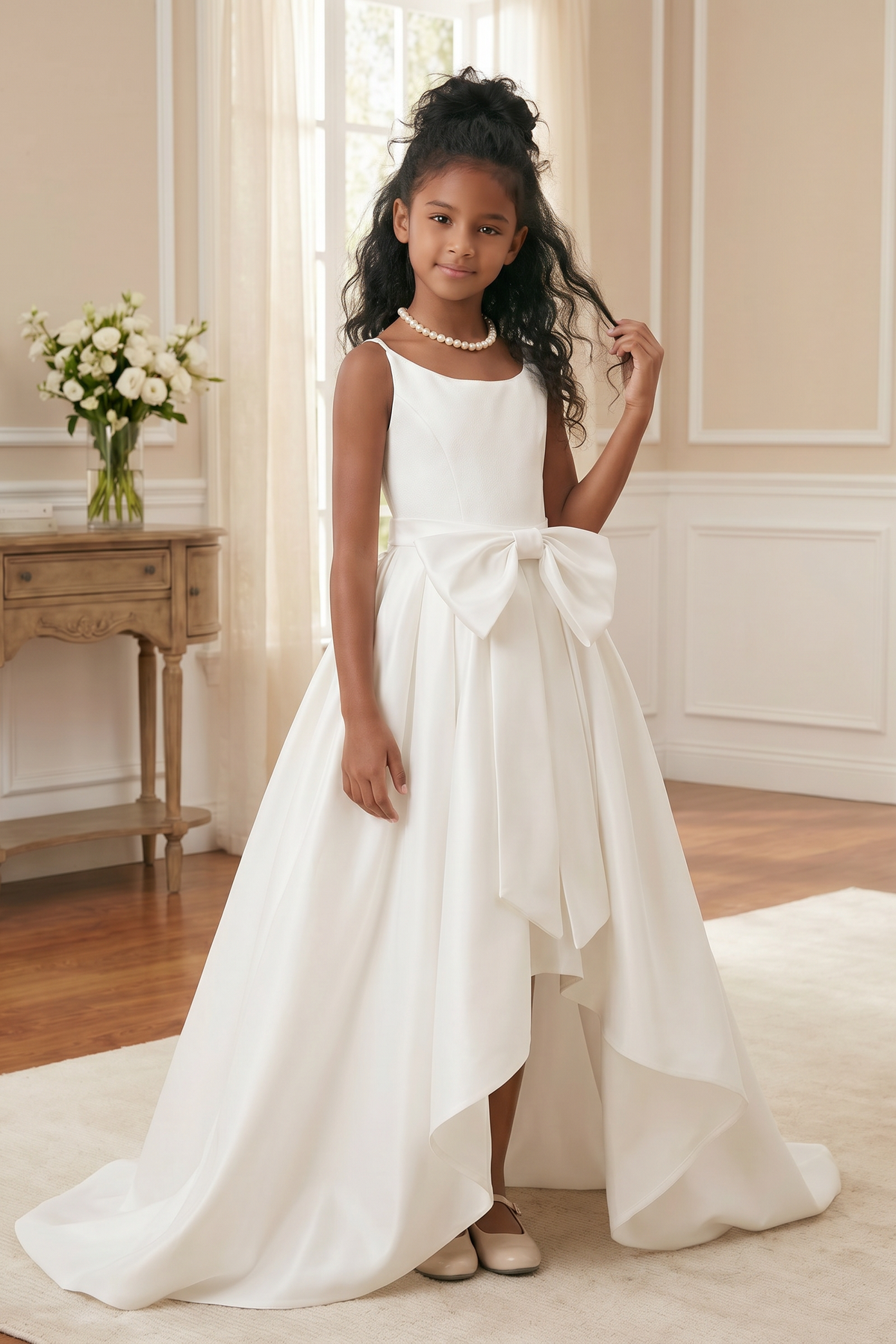 White Satin Strappy Bow Detail Floor-Length Dress