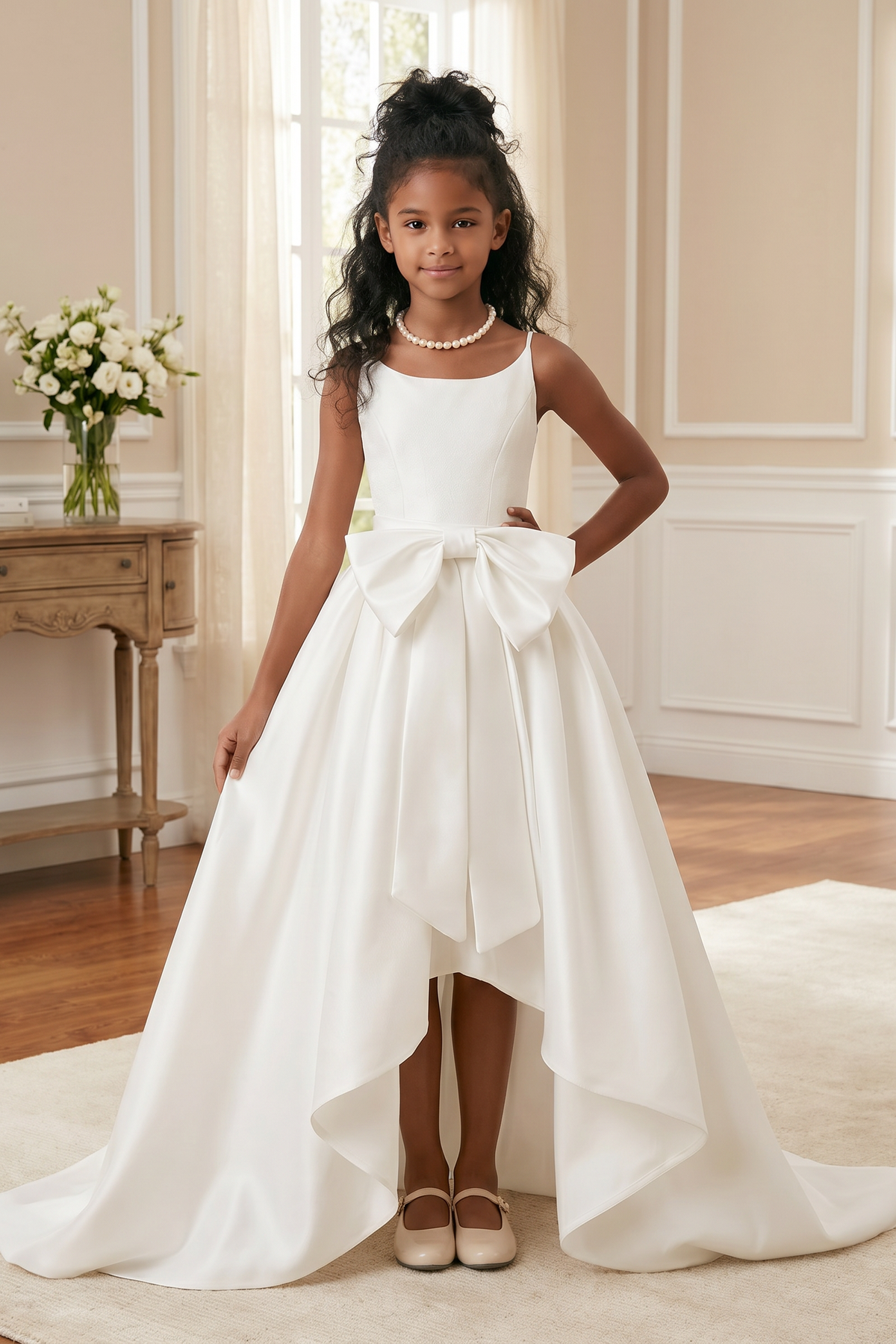 White Satin Strappy Bow Detail Floor-Length Dress