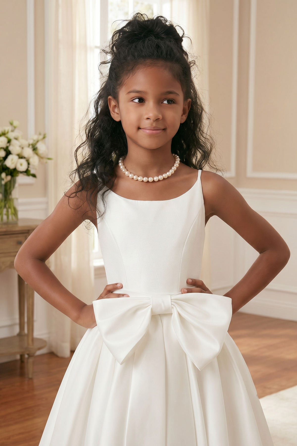 White Satin Strappy Bow Detail Floor-Length Dress