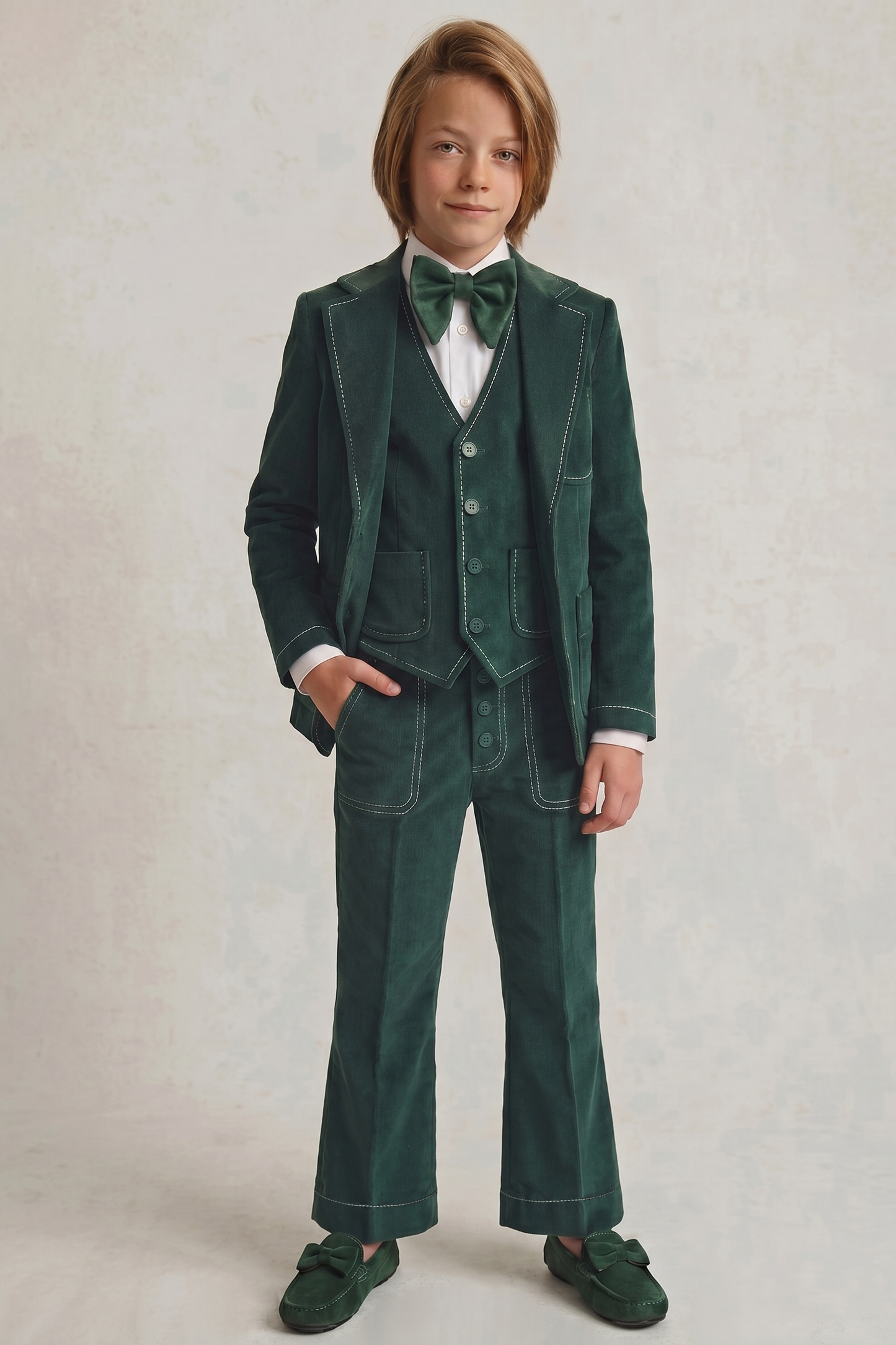 Dark Green Velvet Contrasting Topstitching 5-Piece Suit