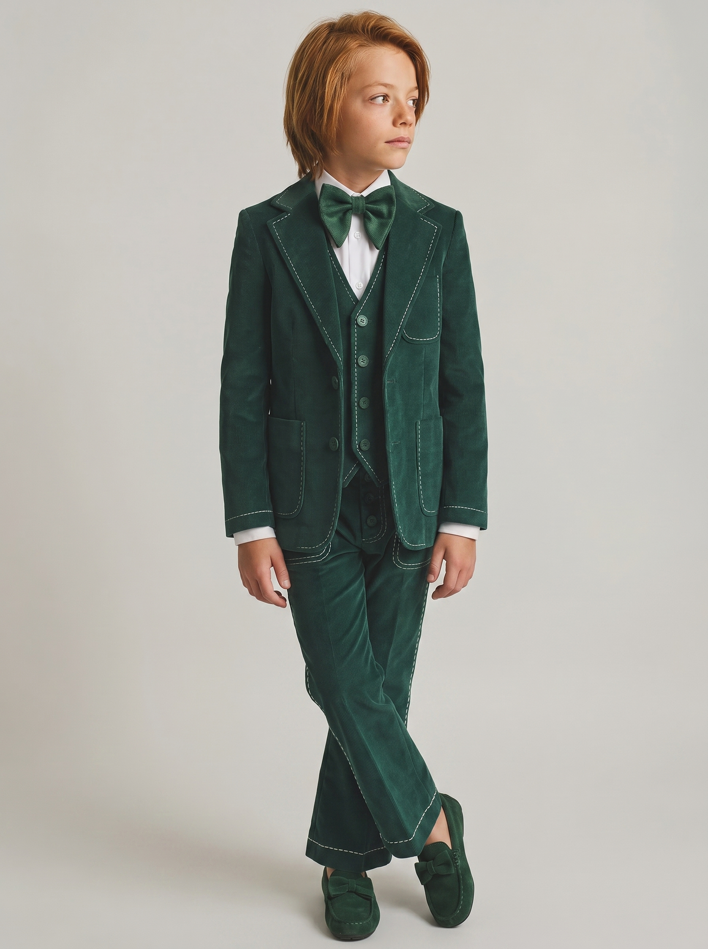 Dark Green Velvet Contrasting Topstitching 5-Piece Suit