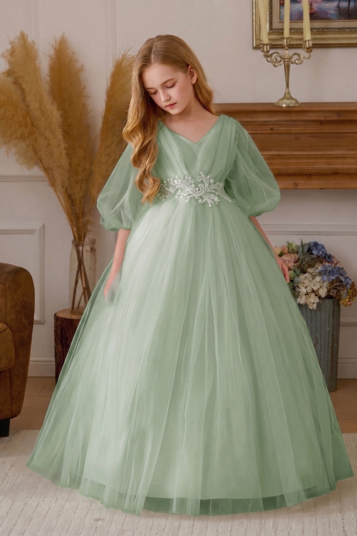 Mesh Satin Lace Embroidered Puff Sleeve Dress
