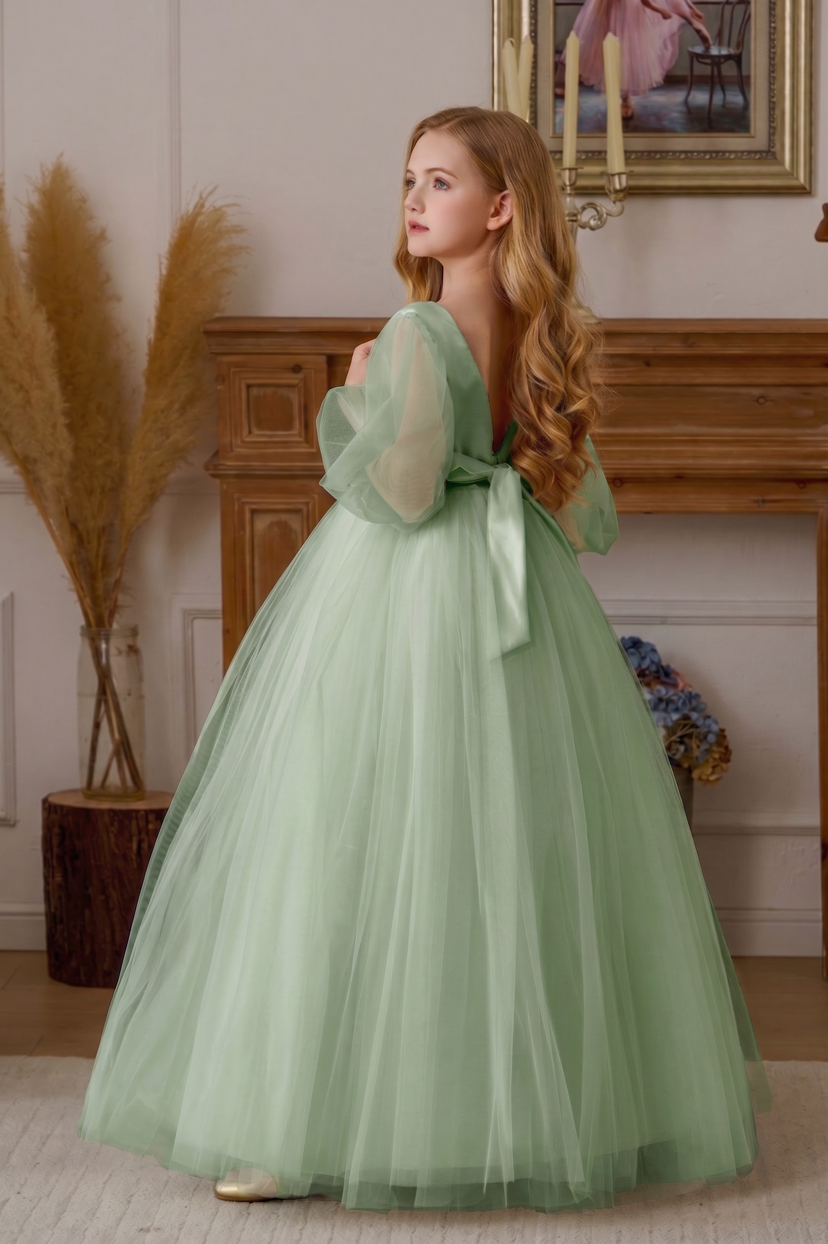 Mesh Satin Lace Embroidered Puff Sleeve Dress